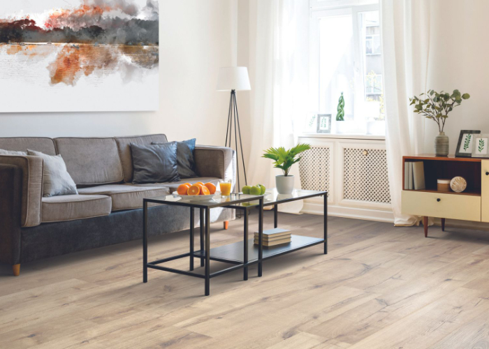 Laminate wood flooring in a living room.
